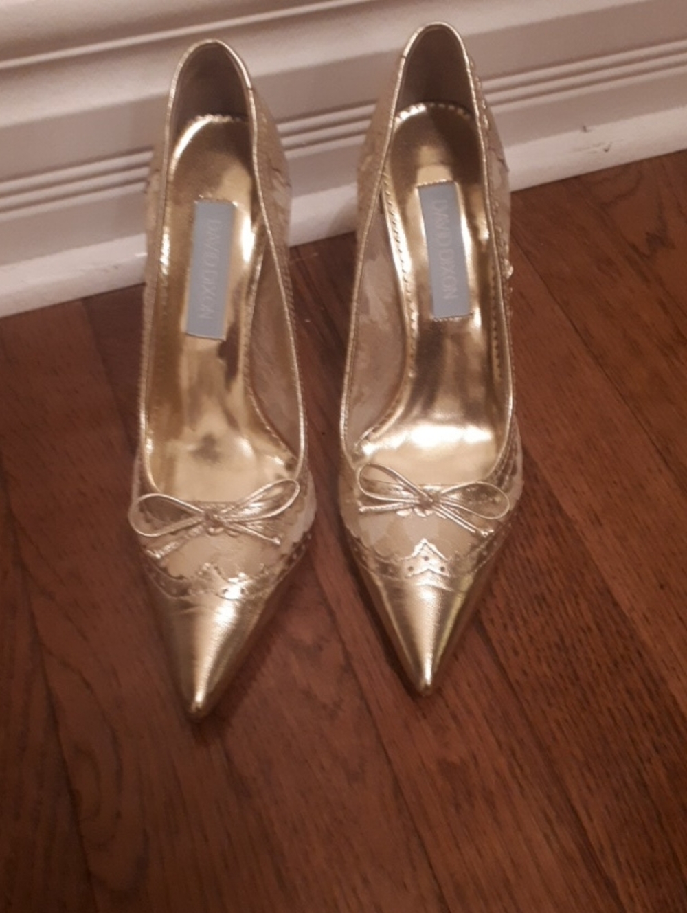 New Metallic Gold Pointed-Toe Pumps with Bow Accent